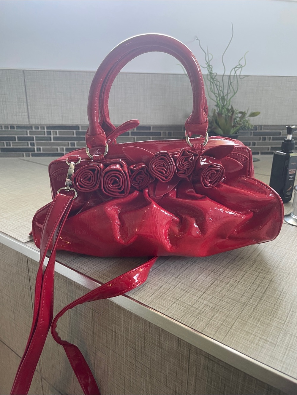 Red Patent Floral Accent Handbag